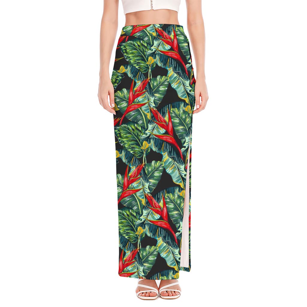 Banana Leaf Hawaiian Pattern Print High Slit Maxi Skirt