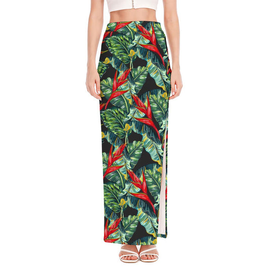 Banana Leaf Hawaiian Pattern Print High Slit Maxi Skirt