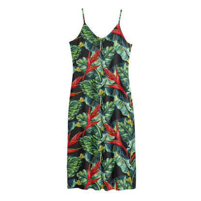 Banana Leaf Hawaiian Pattern Print Jersey Midi Cami Dress