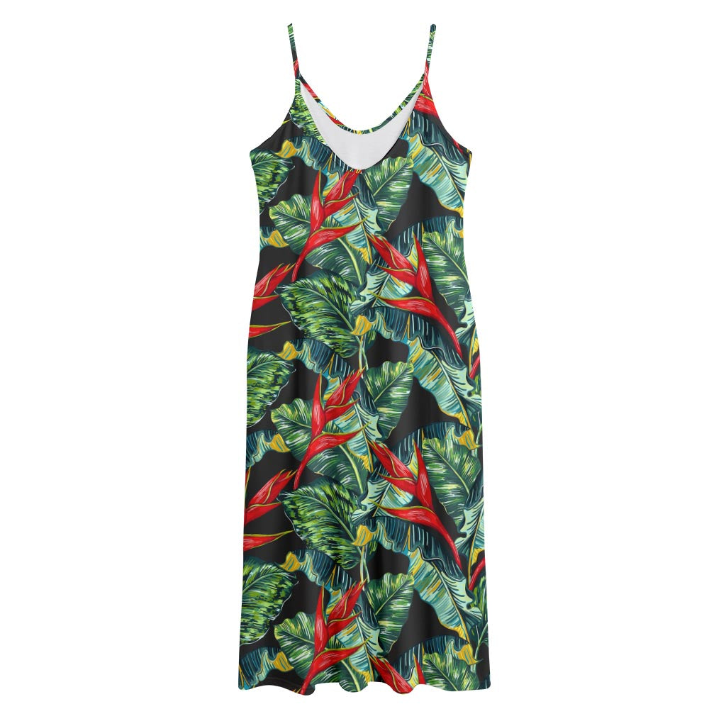 Banana Leaf Hawaiian Pattern Print Jersey Midi Cami Dress