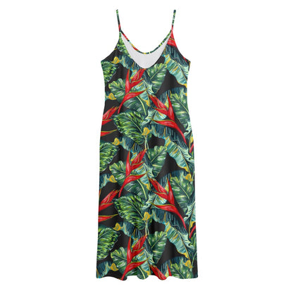 Banana Leaf Hawaiian Pattern Print Jersey Midi Cami Dress