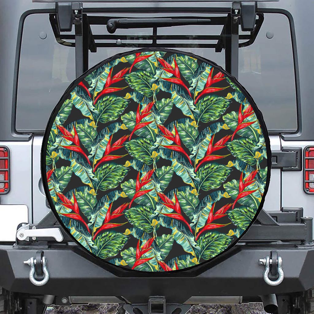 Banana Leaf Hawaiian Pattern Print Leather Spare Tire Cover