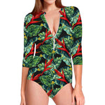 Banana Leaf Hawaiian Pattern Print Long Sleeve Swimsuit