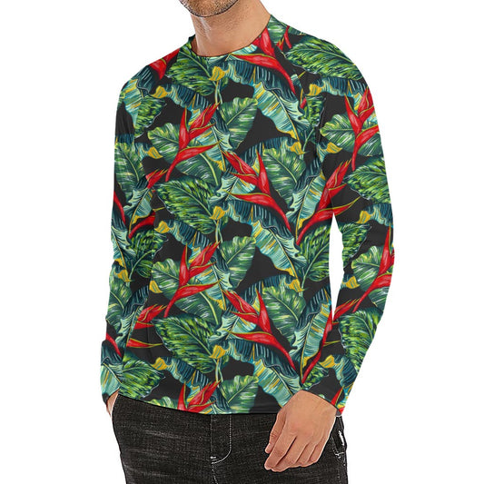 Banana Leaf Hawaiian Pattern Print Men's Long Sleeve Rash Guard