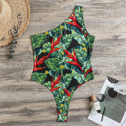 Banana Leaf Hawaiian Pattern Print One Shoulder Bodysuit