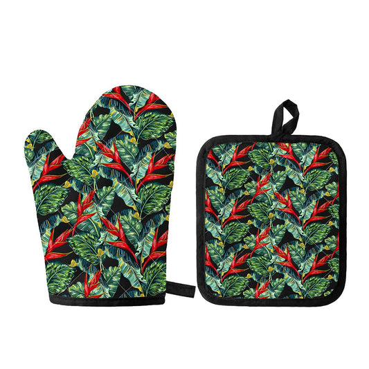 Banana Leaf Hawaiian Pattern Print Oven Mitt And Pot Holder Set