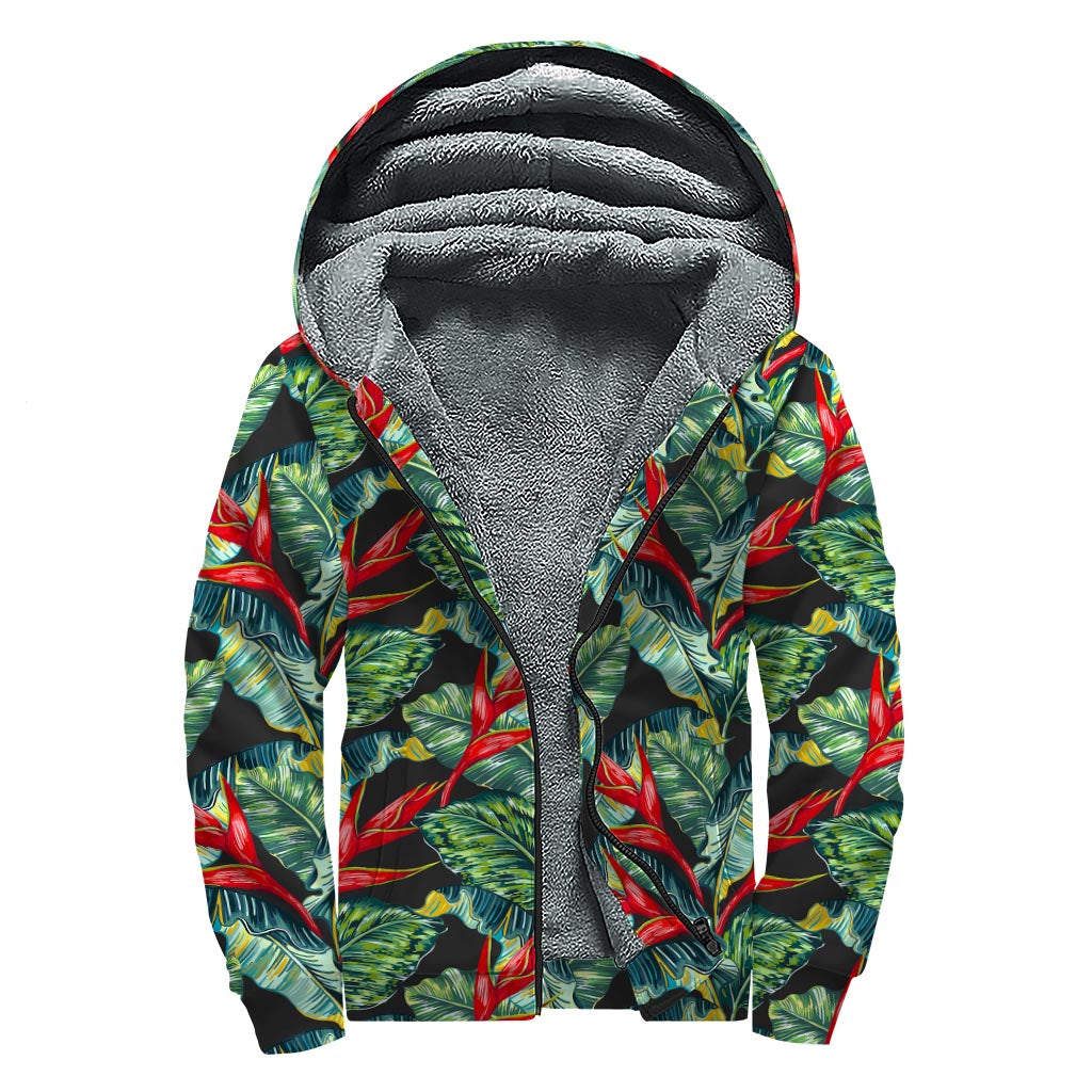 Banana Leaf Hawaiian Pattern Print Sherpa Lined Zip Up Hoodie