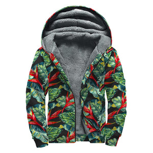 Banana Leaf Hawaiian Pattern Print Sherpa Lined Zip Up Hoodie