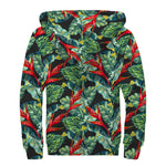 Banana Leaf Hawaiian Pattern Print Sherpa Lined Zip Up Hoodie