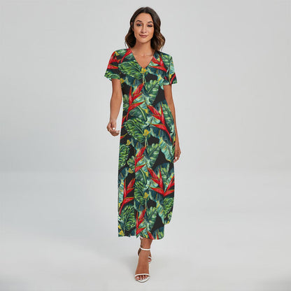 Banana Leaf Hawaiian Pattern Print Short Sleeve Maxi Dress