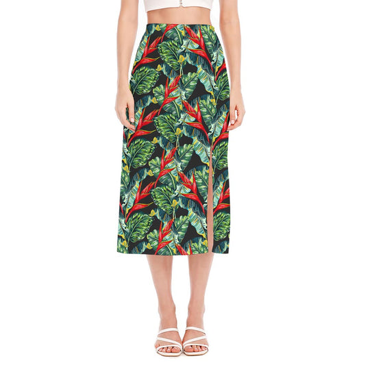Banana Leaf Hawaiian Pattern Print Side Slit Midi Skirt
