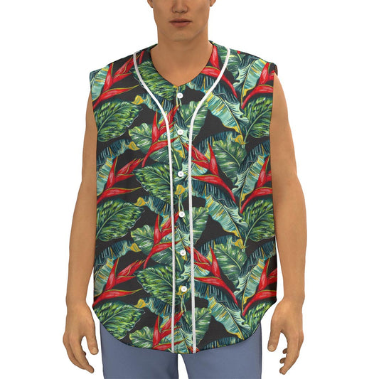 Banana Leaf Hawaiian Pattern Print Sleeveless Baseball Jersey
