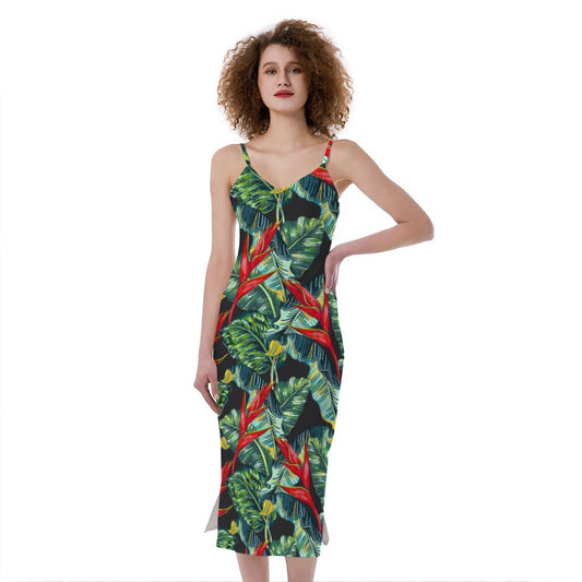 Banana Leaf Hawaiian Pattern Print Slim Fit Midi Cami Dress