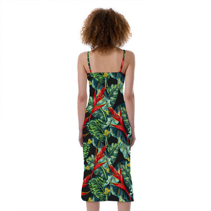 Banana Leaf Hawaiian Pattern Print Slim Fit Midi Cami Dress