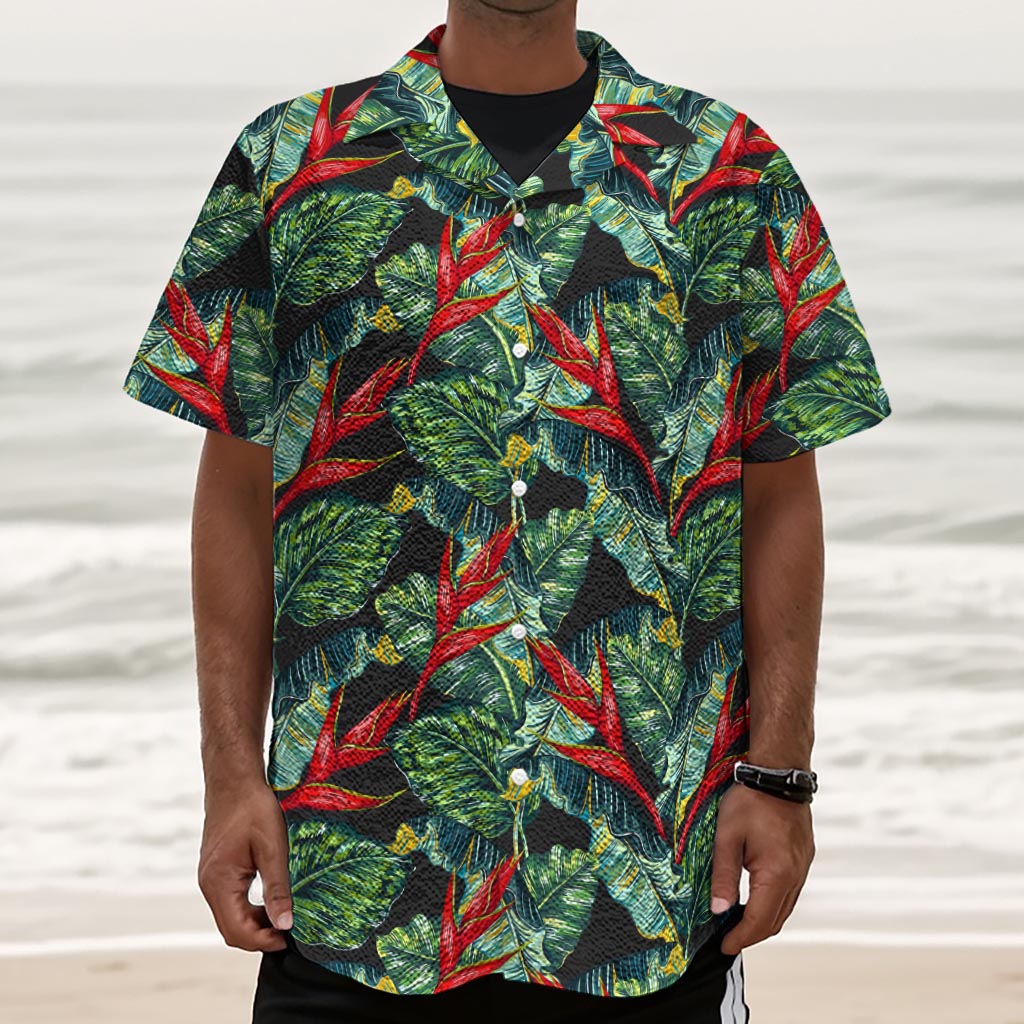 Banana Leaf Hawaiian Pattern Print Textured Short Sleeve Shirt