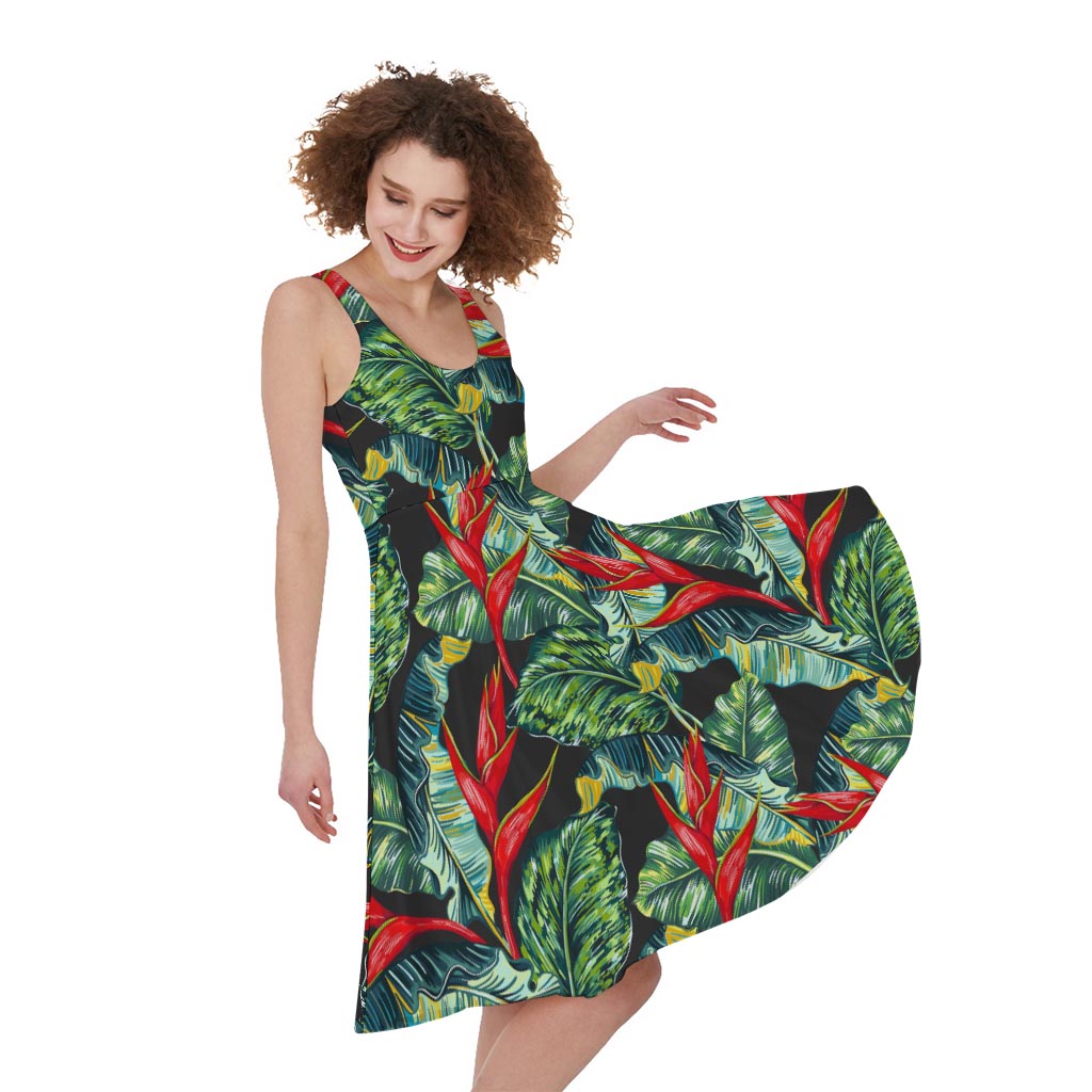 GearFrost Banana Leaf Hawaiian Pattern Print Sleeveless Knee Length Dress