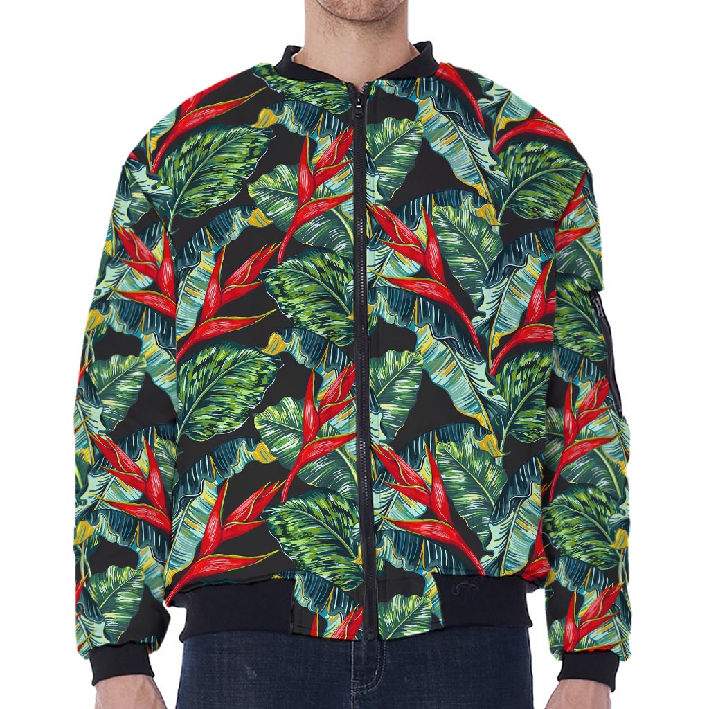 Banana Leaf Hawaiian Pattern Print Zip Sleeve Bomber Jacket