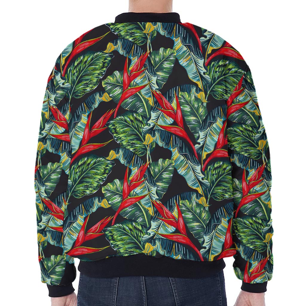 Banana Leaf Hawaiian Pattern Print Zip Sleeve Bomber Jacket