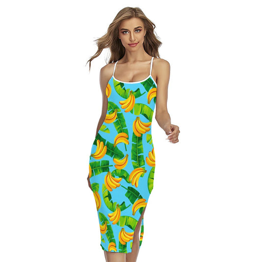 Banana Leaf Pattern Print Cross Back Cami Dress