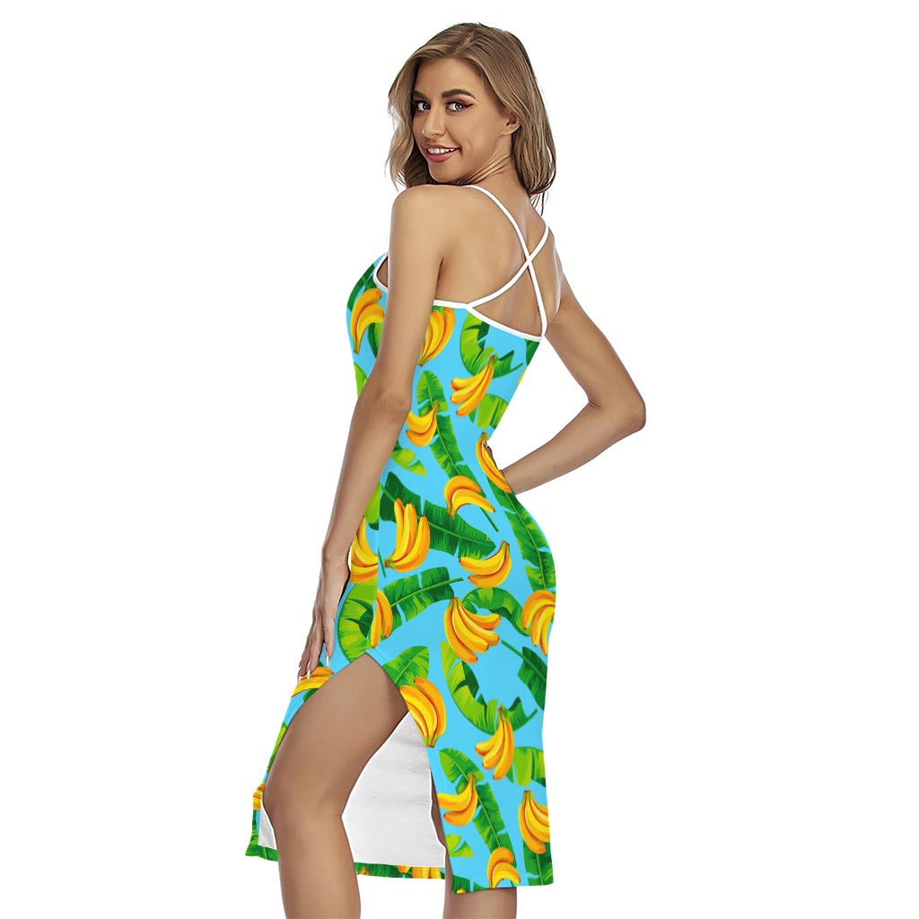 Banana Leaf Pattern Print Cross Back Cami Dress