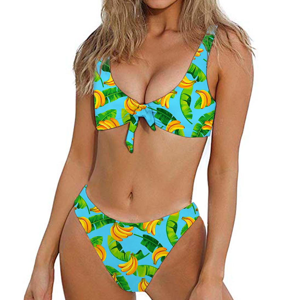 Banana Leaf Pattern Print Front Bow Tie Bikini