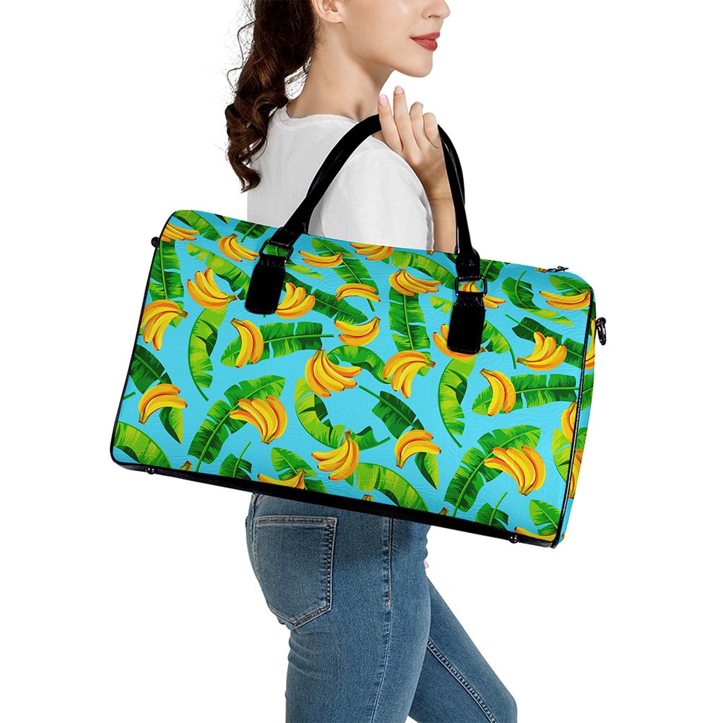 Banana Leaf Pattern Print Leather Duffle Bag