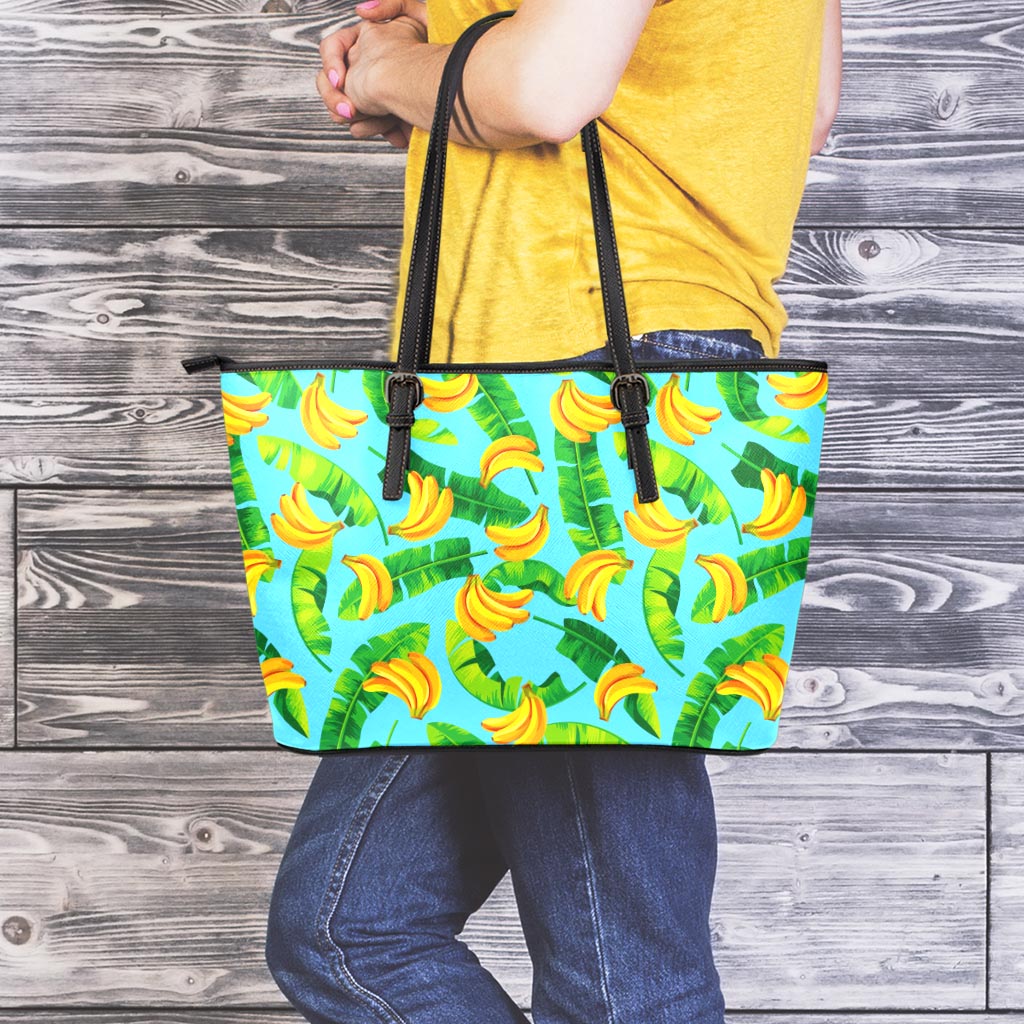 Banana Leaf Pattern Print Leather Tote Bag