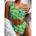 Banana Leaf Pattern Print One Shoulder Bikini Set