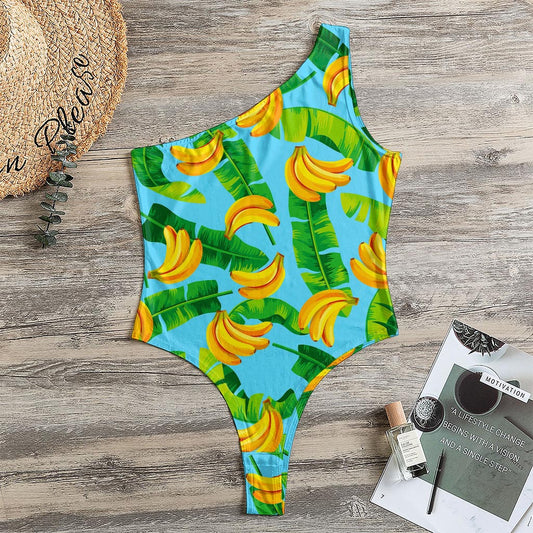 Banana Leaf Pattern Print One Shoulder Bodysuit