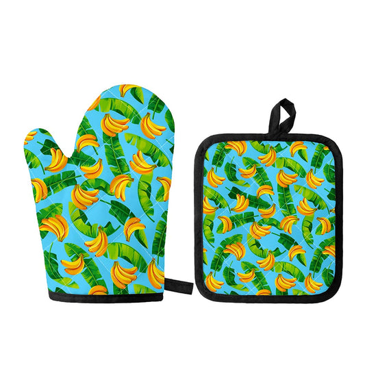 Banana Leaf Pattern Print Oven Mitt And Pot Holder Set