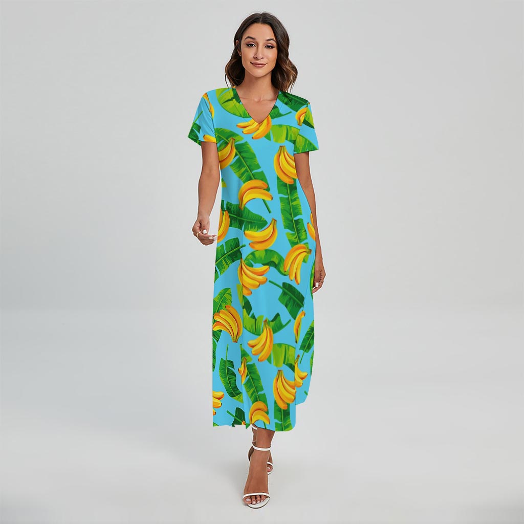 Banana Leaf Pattern Print Short Sleeve Maxi Dress