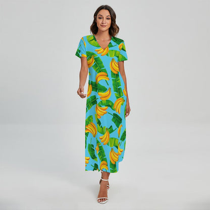 Banana Leaf Pattern Print Short Sleeve Maxi Dress