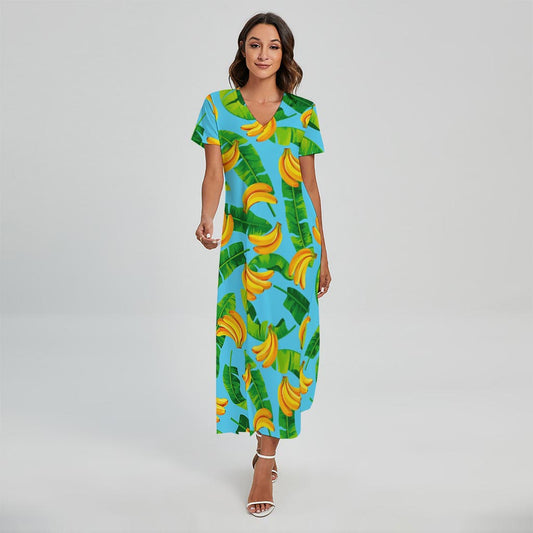 Banana Leaf Pattern Print Short Sleeve Maxi Dress
