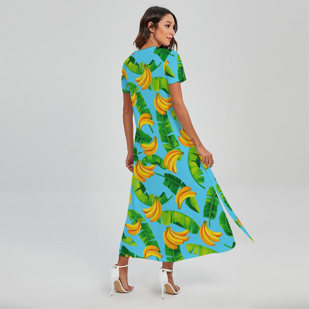 Banana Leaf Pattern Print Short Sleeve Maxi Dress