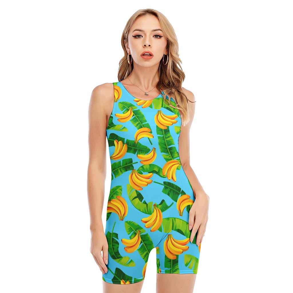 Banana Leaf Pattern Print Sleeveless One Piece Swimsuit