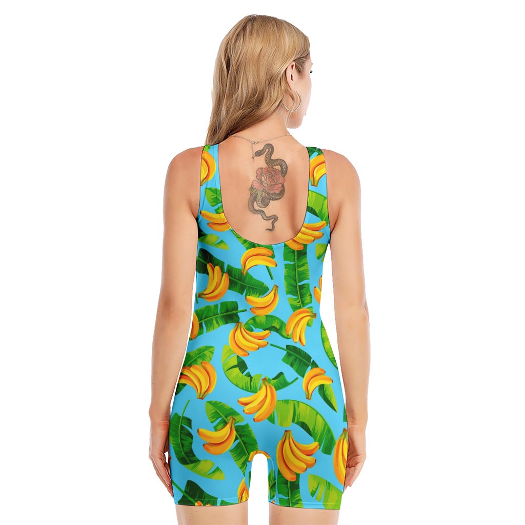 Banana Leaf Pattern Print Sleeveless One Piece Swimsuit