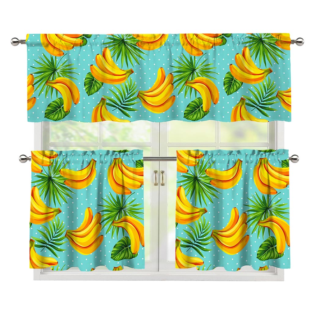 Banana Palm Leaf Pattern Print 3 Piece Kitchen Curtains