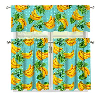 Banana Palm Leaf Pattern Print 3 Piece Kitchen Curtains