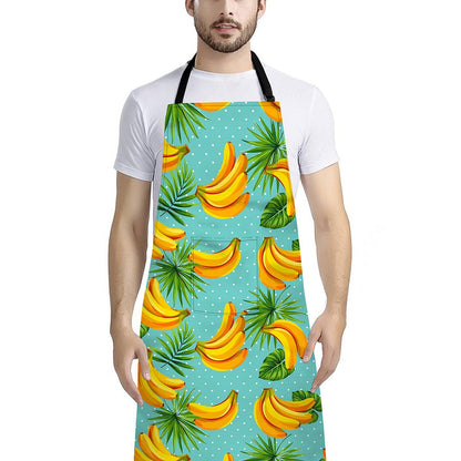Banana Palm Leaf Pattern Print Bib Apron With Pocket