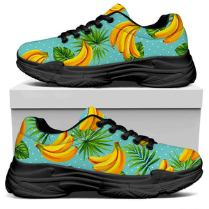 Banana Palm Leaf Pattern Print Black Chunky Shoes