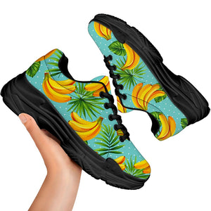 Banana Palm Leaf Pattern Print Black Chunky Shoes