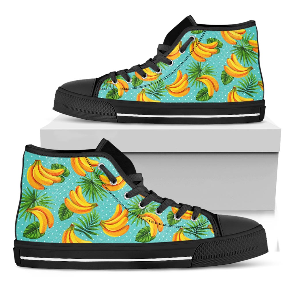 Banana Palm Leaf Pattern Print Black High Top Sneakers
