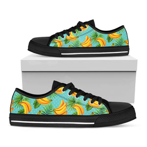 Banana Palm Leaf Pattern Print Black Low Top Sneakers