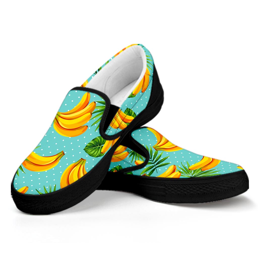 Banana Palm Leaf Pattern Print Black Slip On Sneakers