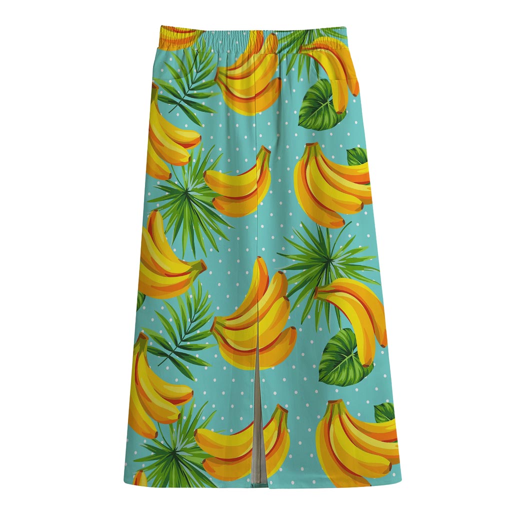 Banana Palm Leaf Pattern Print Cotton Front Slit Maxi Skirt