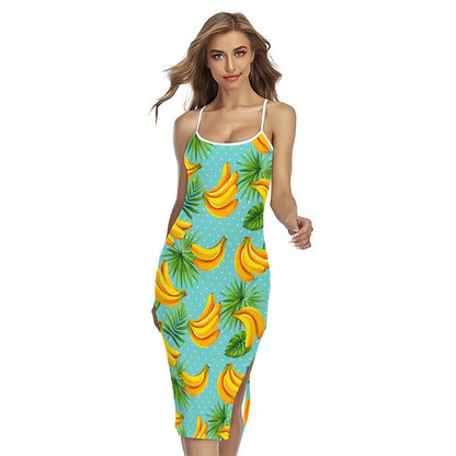 Banana Palm Leaf Pattern Print Cross Back Cami Dress