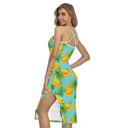 Banana Palm Leaf Pattern Print Cross Back Cami Dress