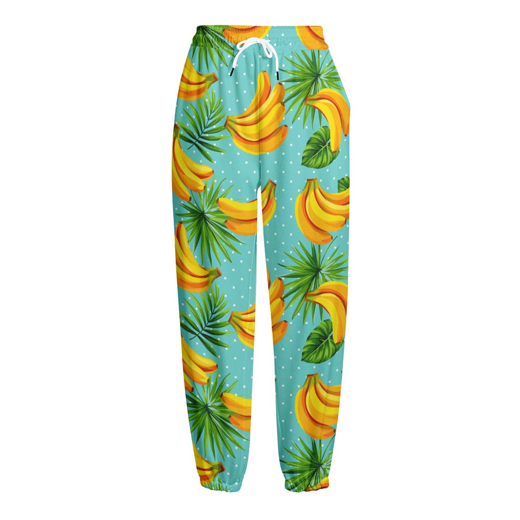 Banana Palm Leaf Pattern Print Fleece Lined Knit Pants