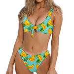 Banana Palm Leaf Pattern Print Front Bow Tie Bikini