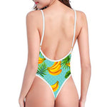 Banana Palm Leaf Pattern Print High Cut One Piece Swimsuit
